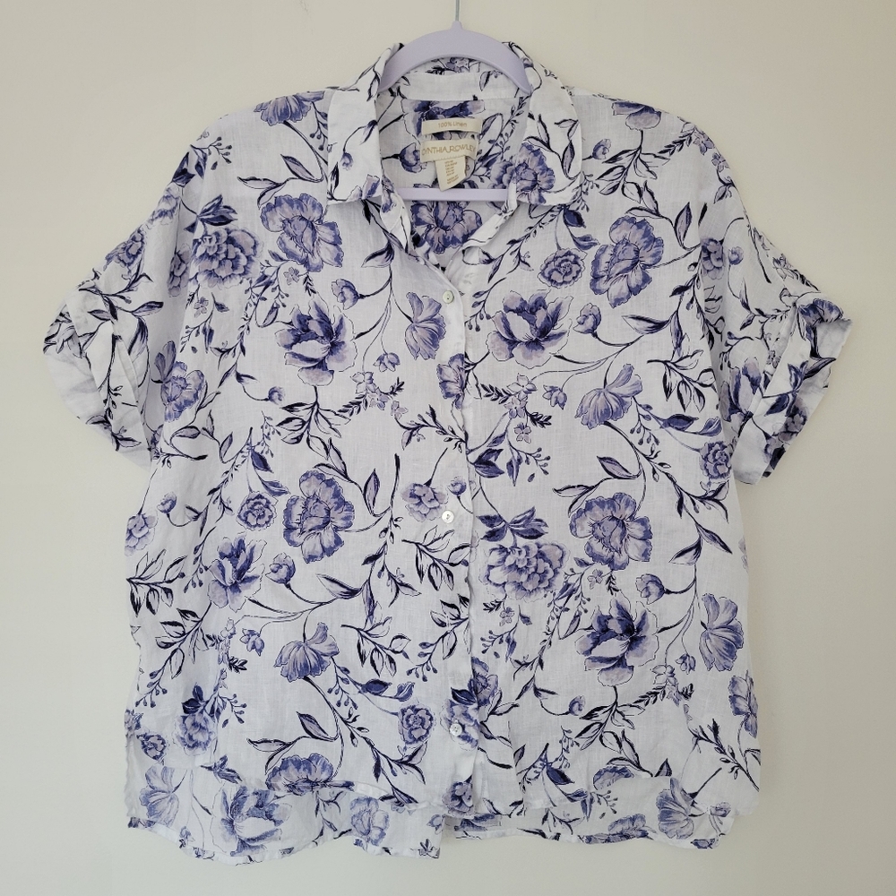 Cynthia Rowley 100% Linen Floral Hi-Low‎ Cottagecore Blouse Shirts Top M